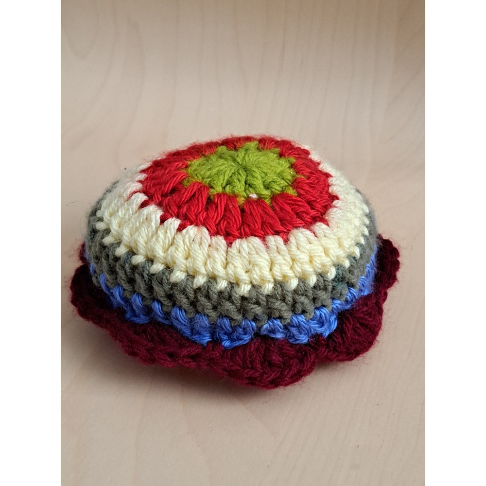 Handmade Crochet Pincushion Round Multi Color Striped Scalloped Sewing Accessory